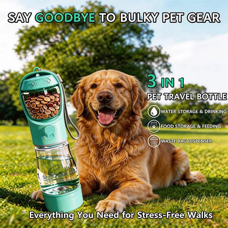 3-in-1 Portable Pet Water Bottle 20 Oz - Leak-Proof Dog Water Container with Integrated Poop Bag Dispenser for Travel, Hiking, and Outdoor Activities